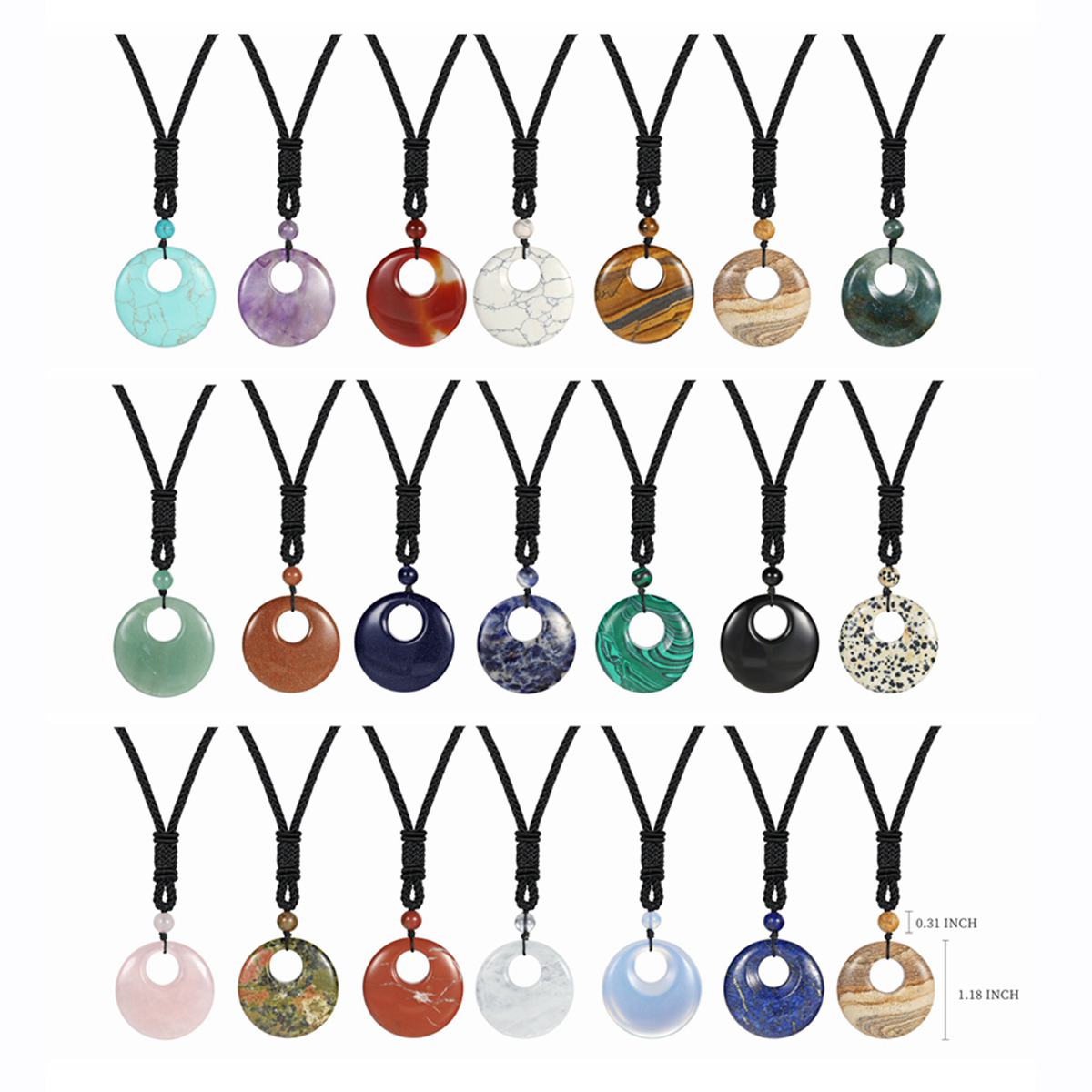 Natural Stone Lucky Coin Pendant Necklace Women Men Reiki Healing Round Donut Crystal Jewelry Adjustable Braided Cord