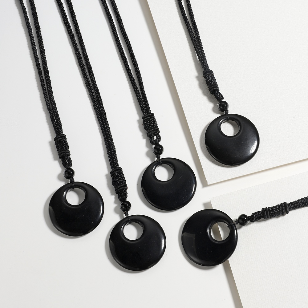 Natural Stone Lucky Coin Pendant Necklace Women Men Reiki Healing Round Donut Crystal Jewelry Adjustable Braided Cord