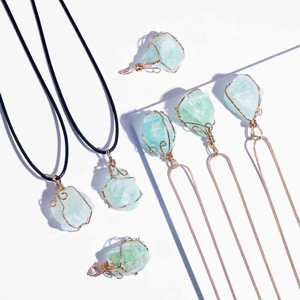 Natural Raw Crystal Pendant Necklace Roungh Tumbled Rock Stone Gemstone Gold Plated Healing Irregular Handmade Jewelry for Women