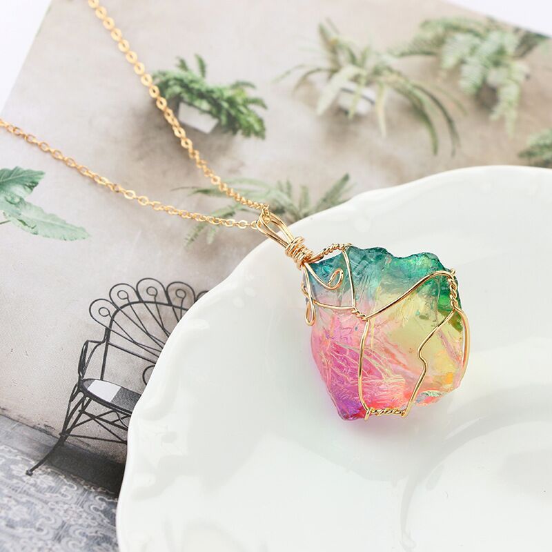 Natural Raw Crystal Pendant Necklace Roungh Tumbled Rock Stone Gemstone Gold Plated Healing Irregular Handmade Jewelry for Women