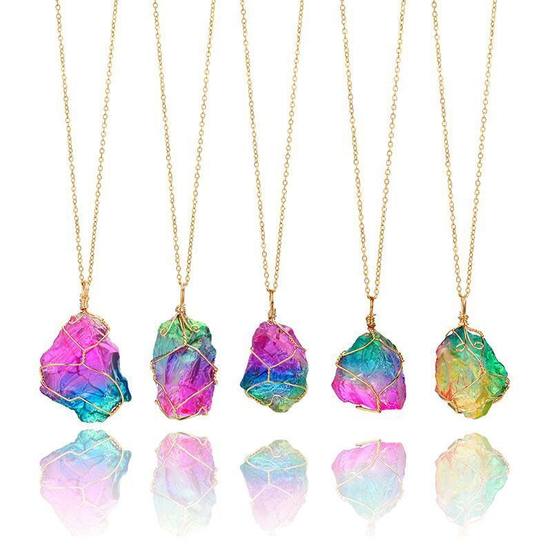 Natural Raw Crystal Pendant Necklace Roungh Tumbled Rock Stone Gemstone Gold Plated Healing Irregular Handmade Jewelry for Women