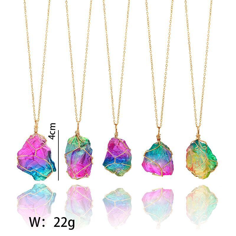 Natural Raw Crystal Pendant Necklace Roungh Tumbled Rock Stone Gemstone Gold Plated Healing Irregular Handmade Jewelry for Women