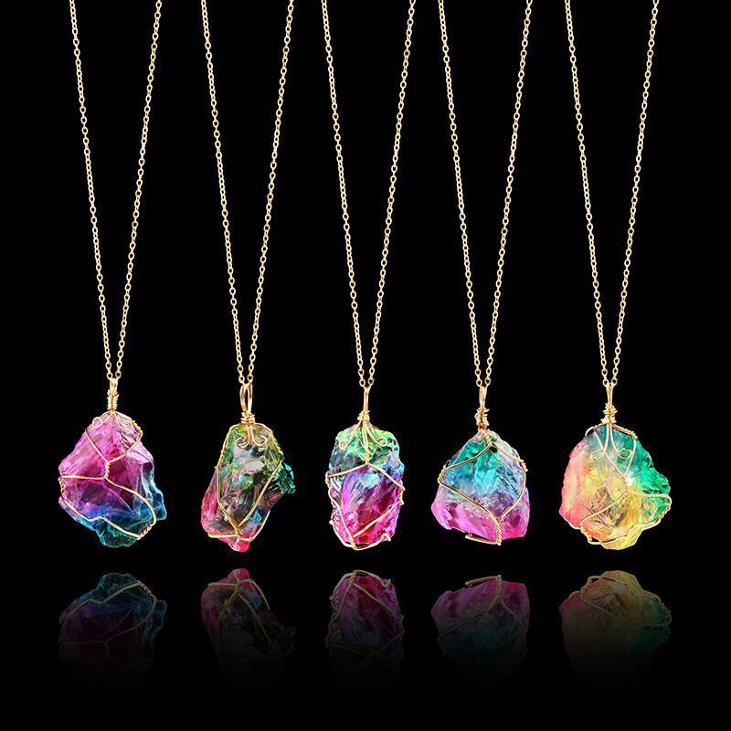 Natural Raw Crystal Pendant Necklace Roungh Tumbled Rock Stone Gemstone Gold Plated Healing Irregular Handmade Jewelry for Women