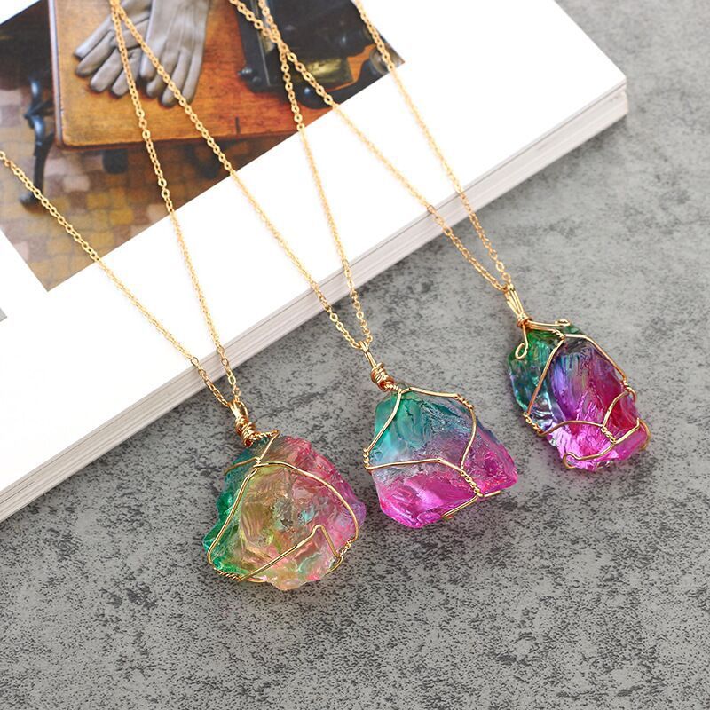 Natural Raw Crystal Pendant Necklace Roungh Tumbled Rock Stone Gemstone Gold Plated Healing Irregular Handmade Jewelry for Women