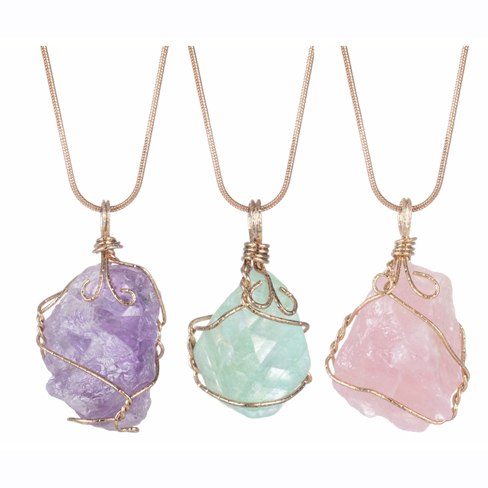 Natural Raw Crystal Pendant Necklace Roungh Tumbled Rock Stone Gemstone Gold Plated Healing Irregular Handmade Jewelry for Women