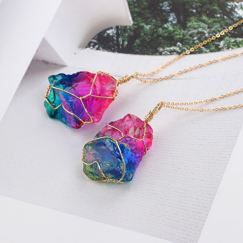 Natural Raw Crystal Pendant Necklace Roungh Tumbled Rock Stone Gemstone Gold Plated Healing Irregular Handmade Jewelry for Women