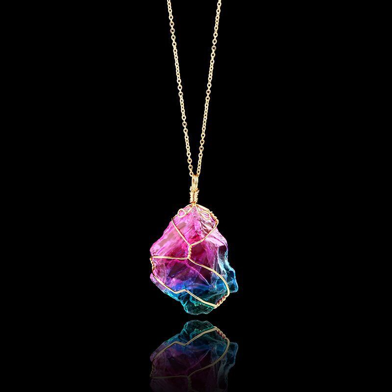 Natural Raw Crystal Pendant Necklace Roungh Tumbled Rock Stone Gemstone Gold Plated Healing Irregular Handmade Jewelry for Women