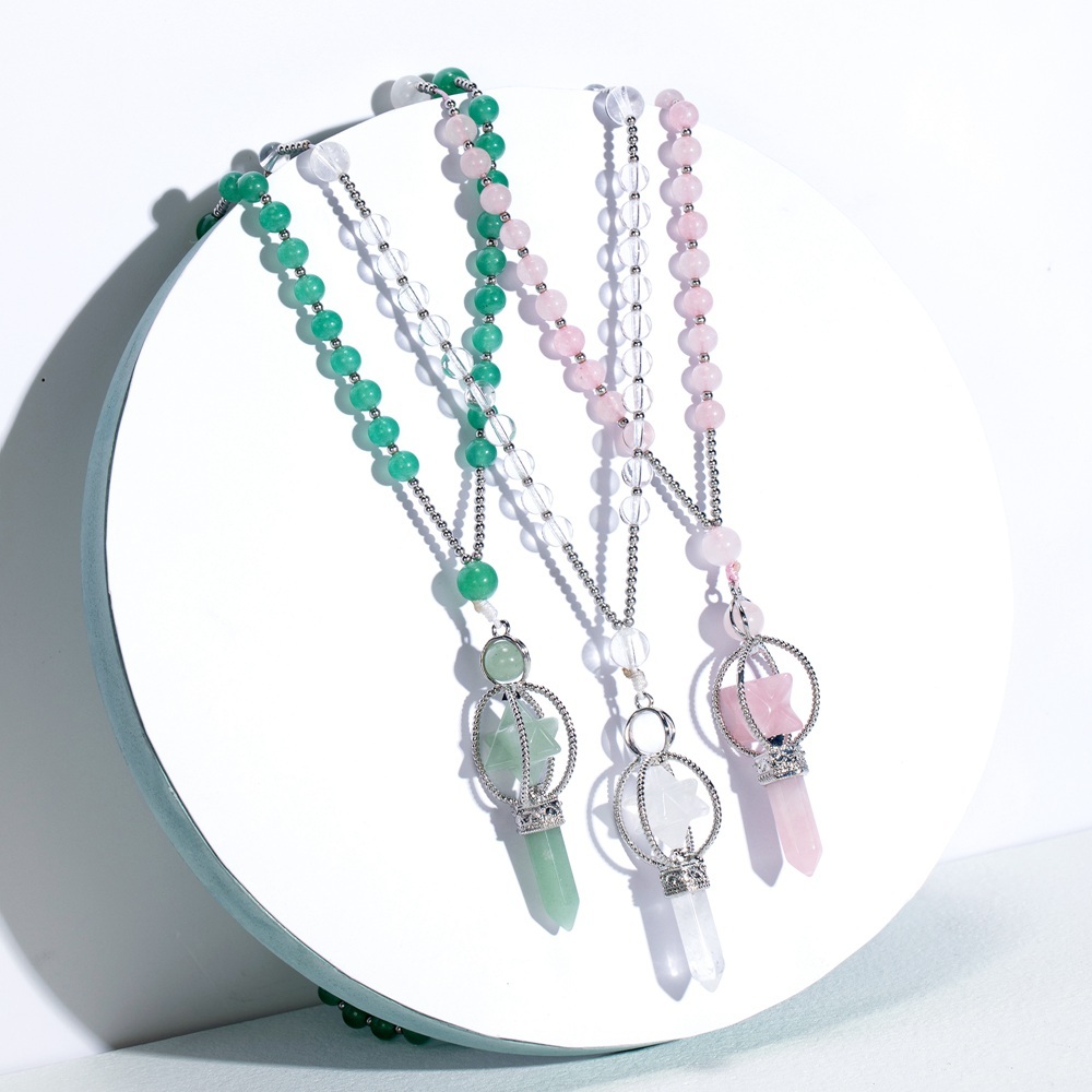 Natural Crystal Rotate Merkaba Star Stone Chakra Pendant Necklace Hexagonal Pointed Energy Reiki Healing Rose Quartz Amethyst