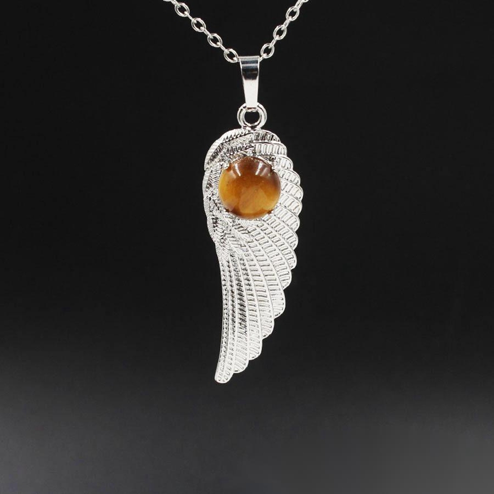Natural Crystal Quartz Gemstones Chakra Reiki Healing Angel Wings Carved Stone Pendant Necklace