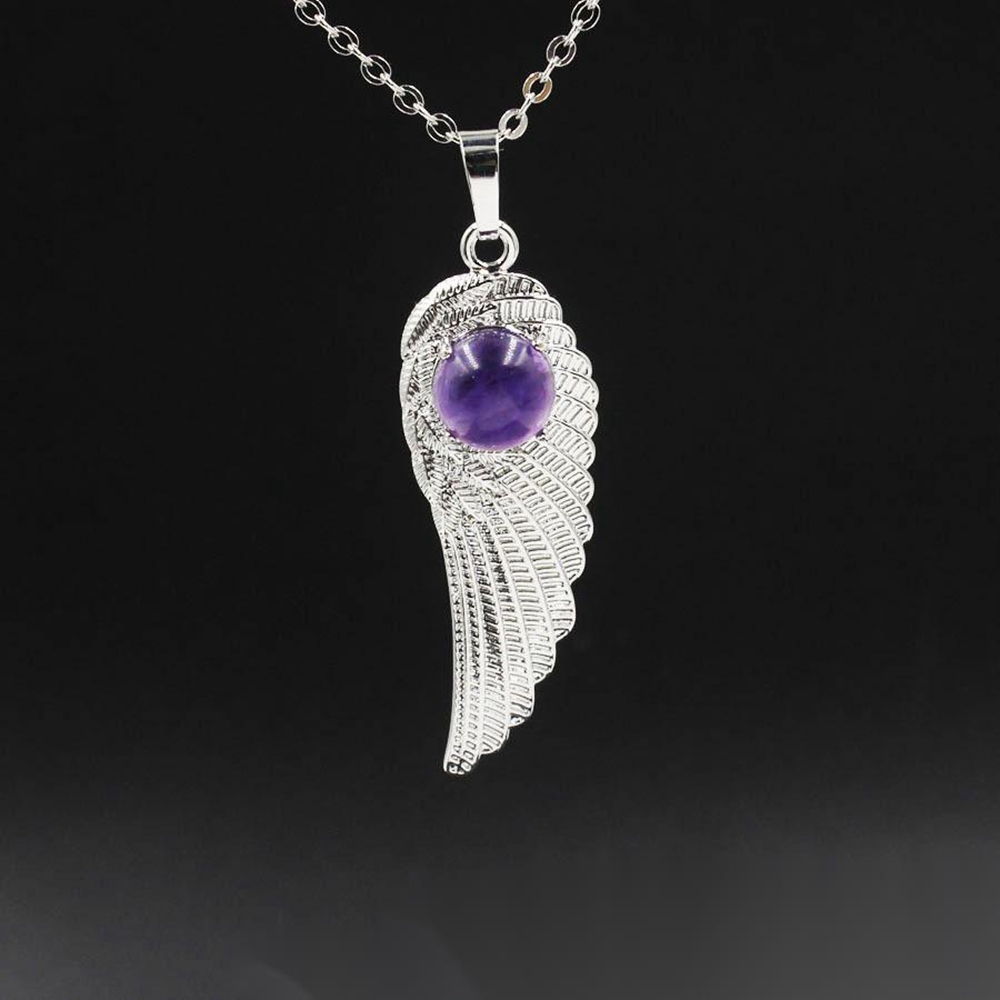 Natural Crystal Quartz Gemstones Chakra Reiki Healing Angel Wings Carved Stone Pendant Necklace