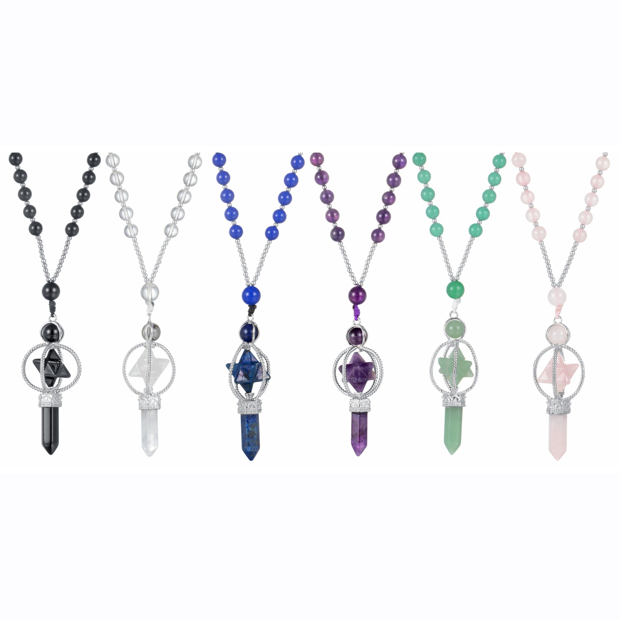 Natural Crystal Rotate Merkaba Star Stone Chakra Pendant Necklace Hexagonal Pointed Energy Reiki Healing Rose Quartz Amethyst