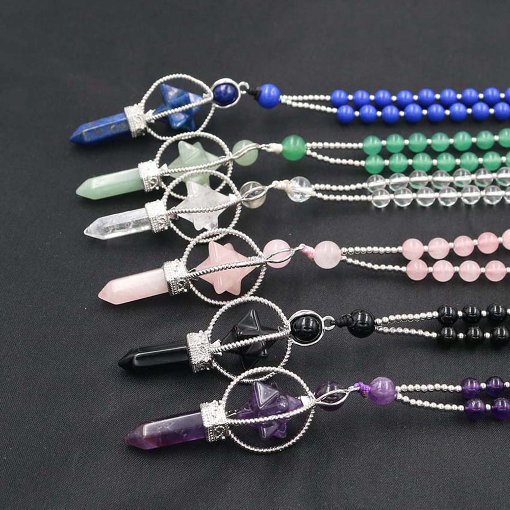 Natural Crystal Rotate Merkaba Star Stone Chakra Pendant Necklace Hexagonal Pointed Energy Reiki Healing Rose Quartz Amethyst