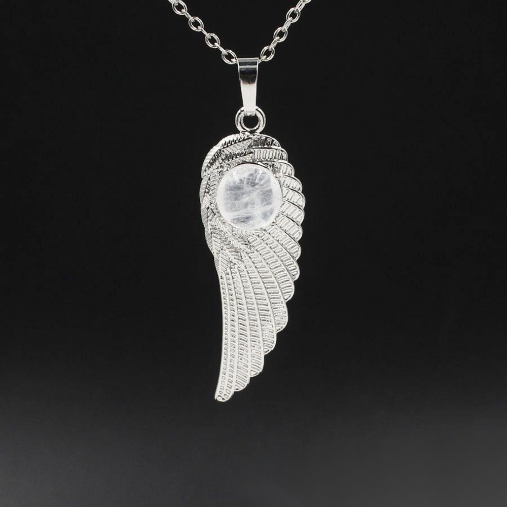 Natural Crystal Quartz Gemstones Chakra Reiki Healing Angel Wings Carved Stone Pendant Necklace