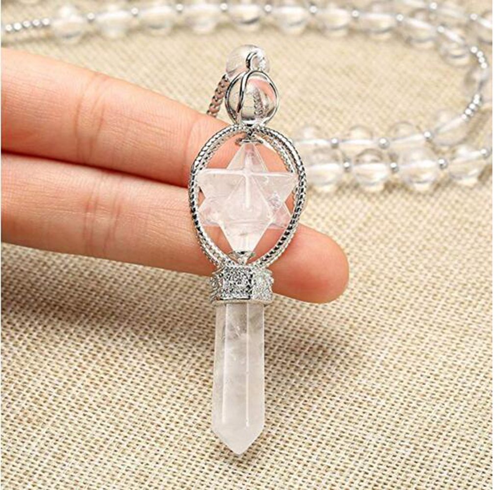 Natural Crystal Rotate Merkaba Star Stone Chakra Pendant Necklace Hexagonal Pointed Energy Reiki Healing Rose Quartz Amethyst