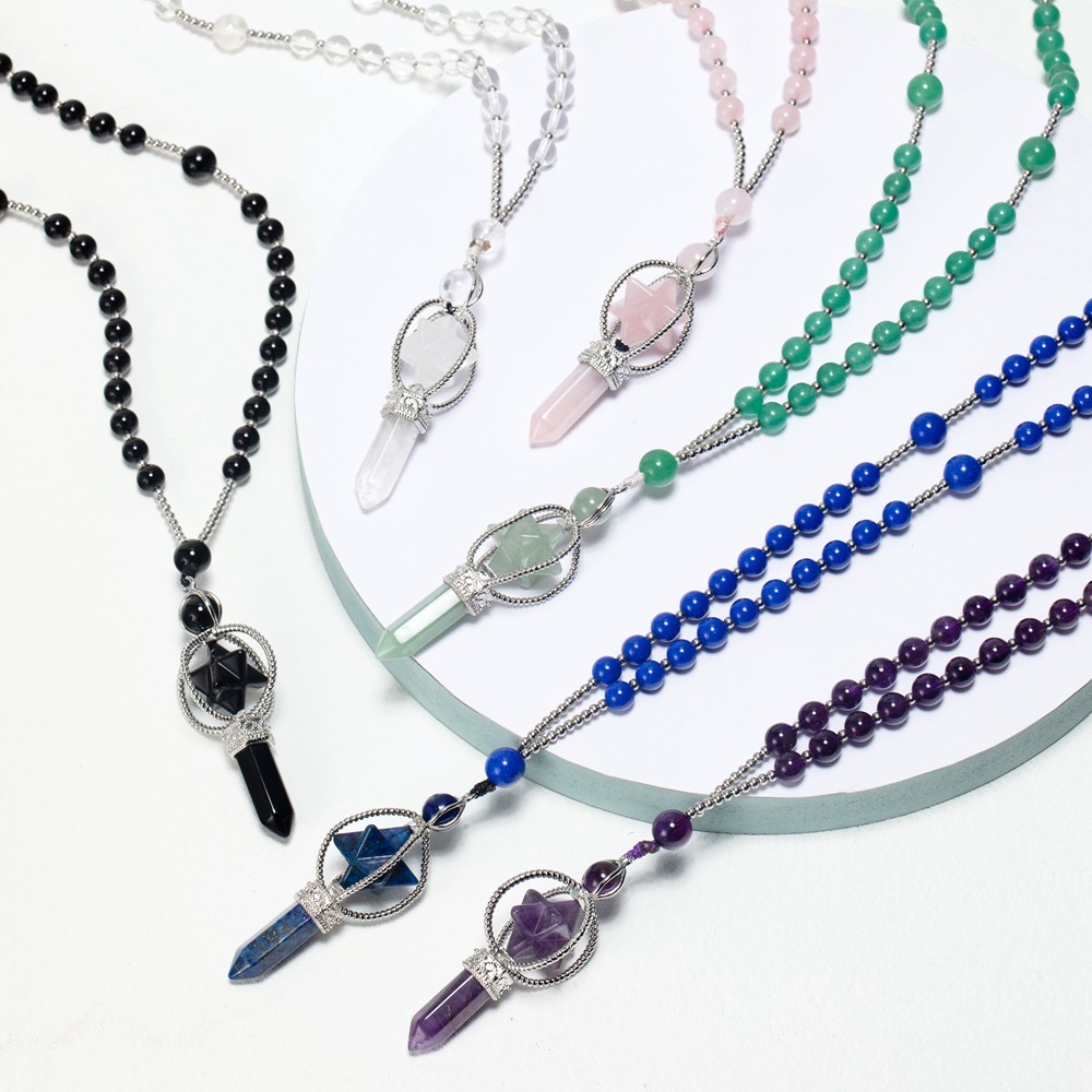 Natural Crystal Rotate Merkaba Star Stone Chakra Pendant Necklace Hexagonal Pointed Energy Reiki Healing Rose Quartz Amethyst