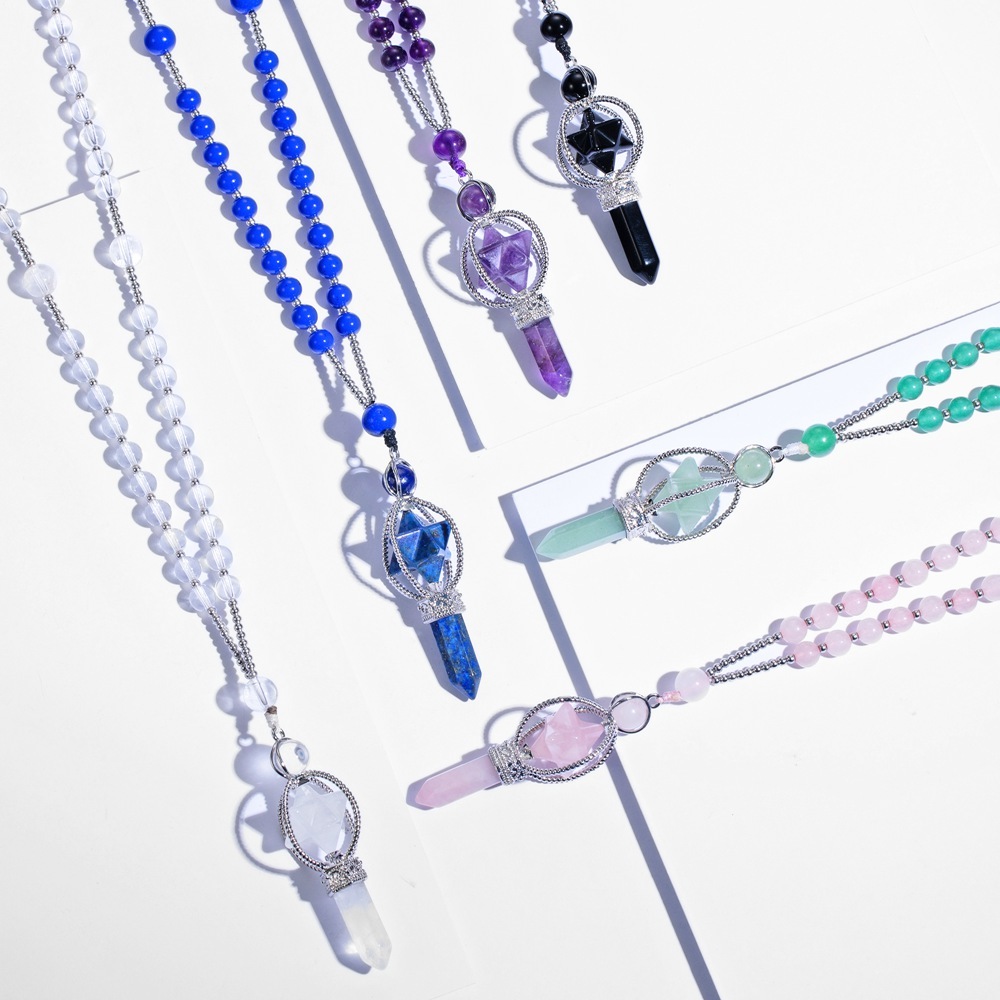 Natural Crystal Rotate Merkaba Star Stone Chakra Pendant Necklace Hexagonal Pointed Energy Reiki Healing Rose Quartz Amethyst