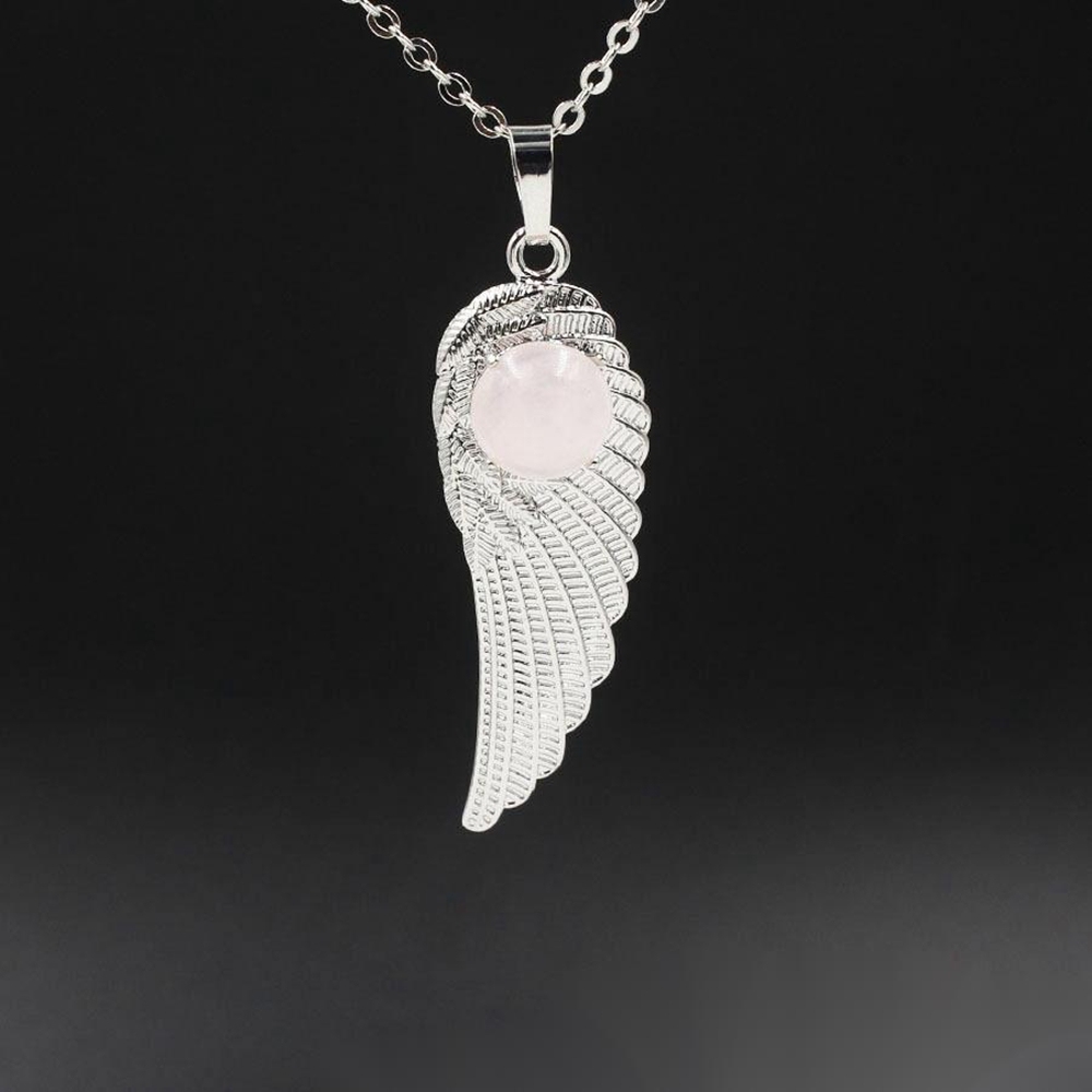 Natural Crystal Quartz Gemstones Chakra Reiki Healing Angel Wings Carved Stone Pendant Necklace