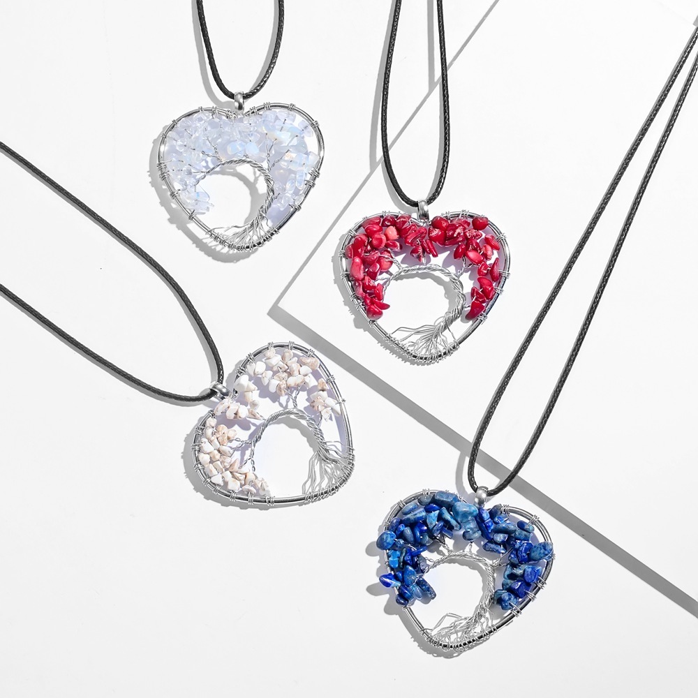 Tree of Life Necklace Heart Shaped Wire Wrapped Family Tree Pendant Crystal Birthstone Jewelry