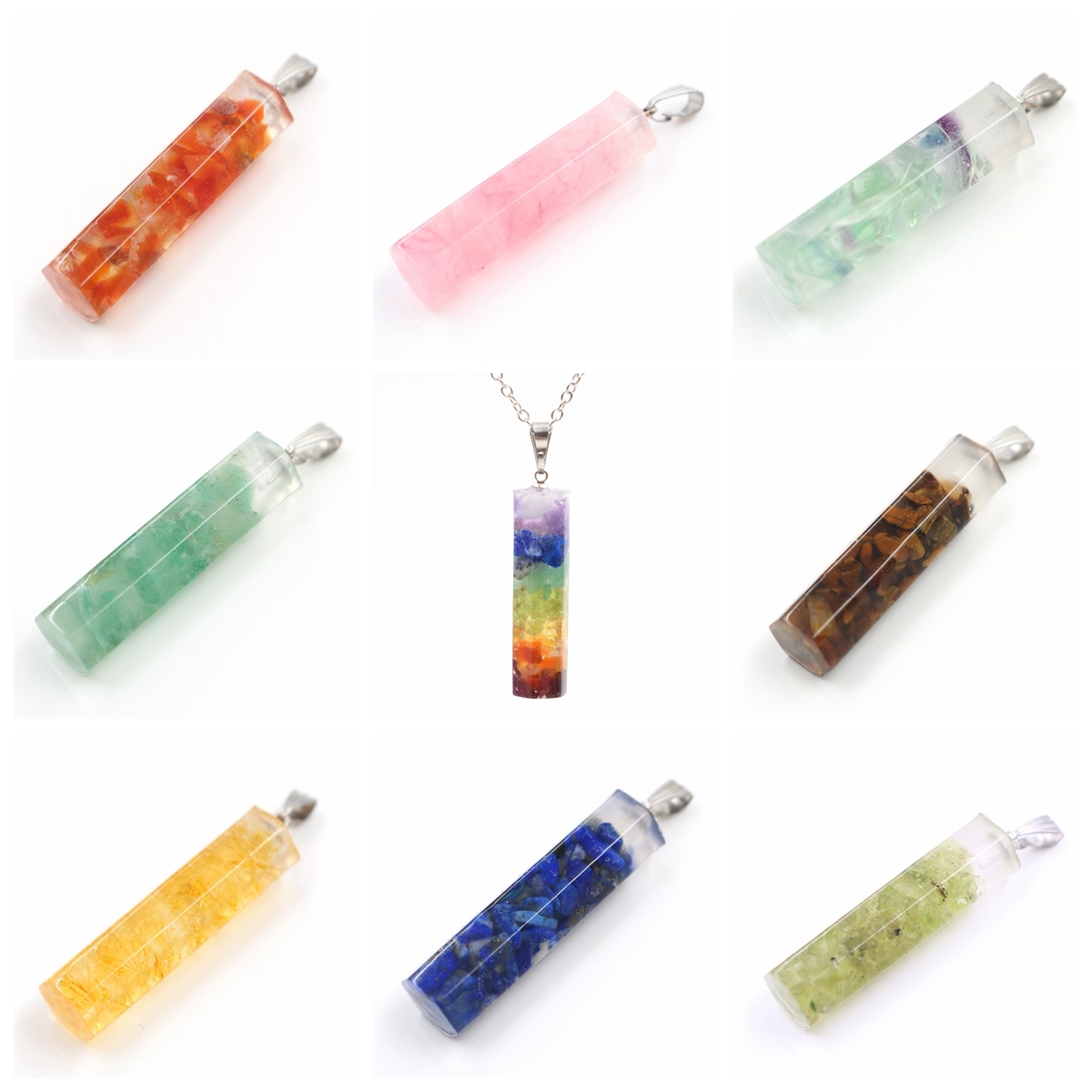 Handmade Chip Stone Hexagonal Prism Pendant Necklace for Women Men Gemstone & Crystal Column Pendants Jewelry