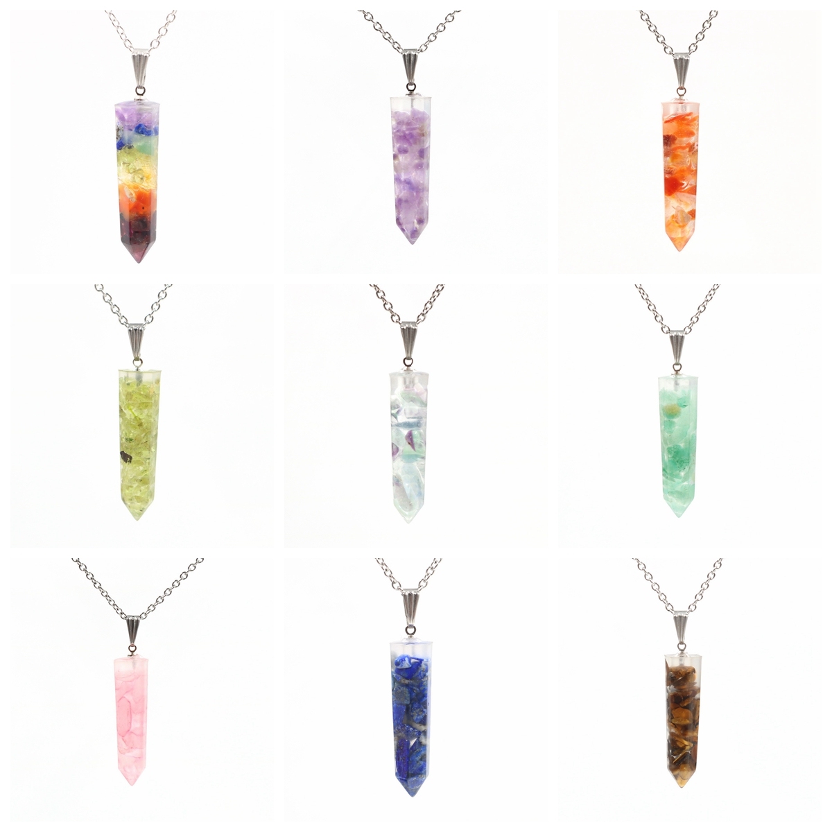 Handmade Chip Stone Point Pendant Necklace for Women Men Gemstone & Crystal Bullet Hexagonal Cone Pendants Jewelry