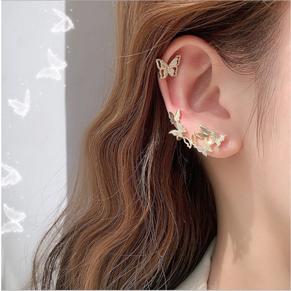 Butterfly Tassel Earrings Silver Cuff Cubic Zirconia Crawler Stud Chain Crystals Earrings Set for Women