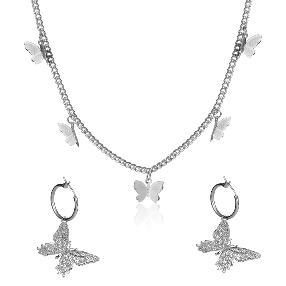 Butterfly Necklace Earrings Set Chain Necklace Charm Huggie Hoop Cute Earrings Dainty Butterfly Jewelry for Women Girls