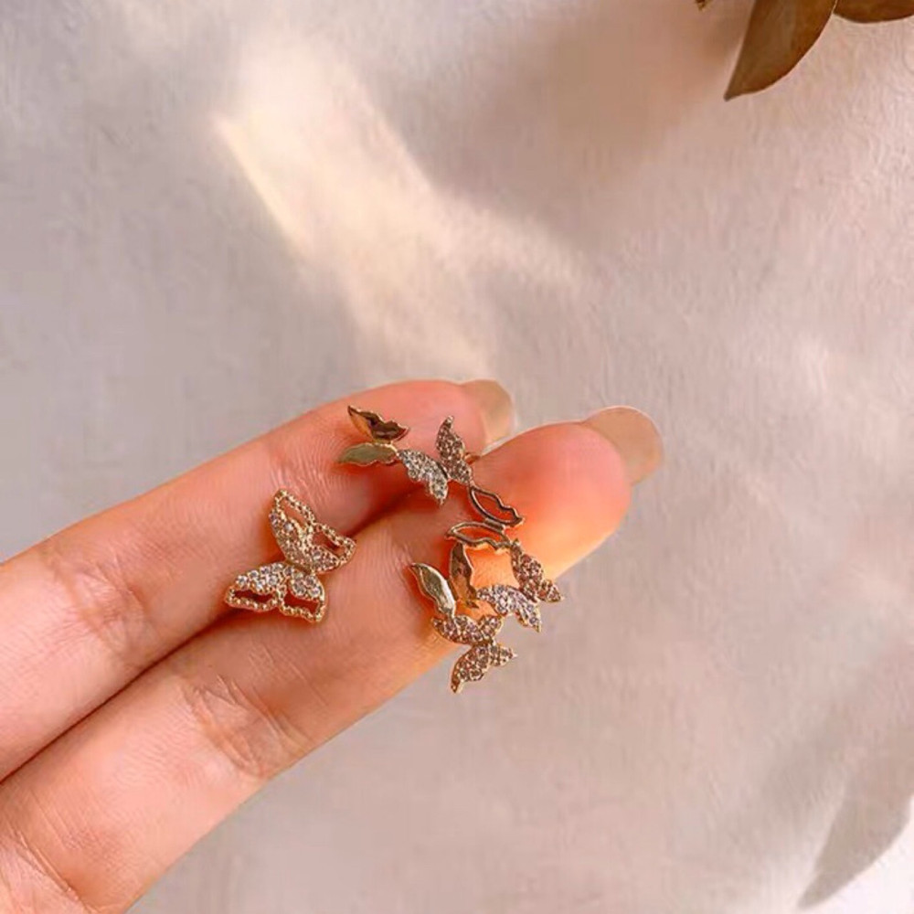 Butterfly Tassel Earrings Silver Cuff Cubic Zirconia Crawler Stud Chain Crystals Earrings Set for Women