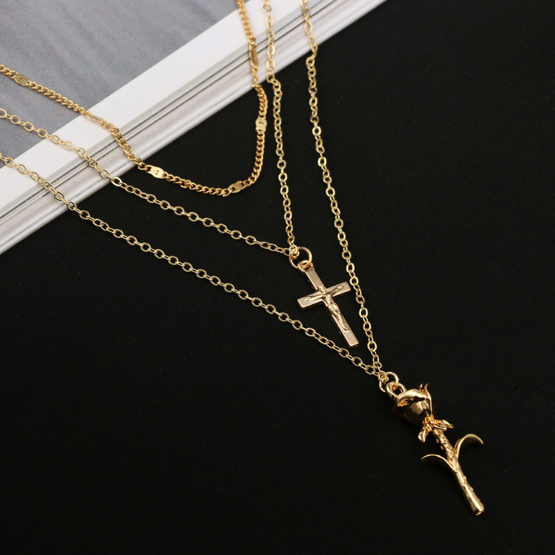 Layered Necklace Pendant Handmade Long Necklace for Women SN0883 Gold Cross Chain