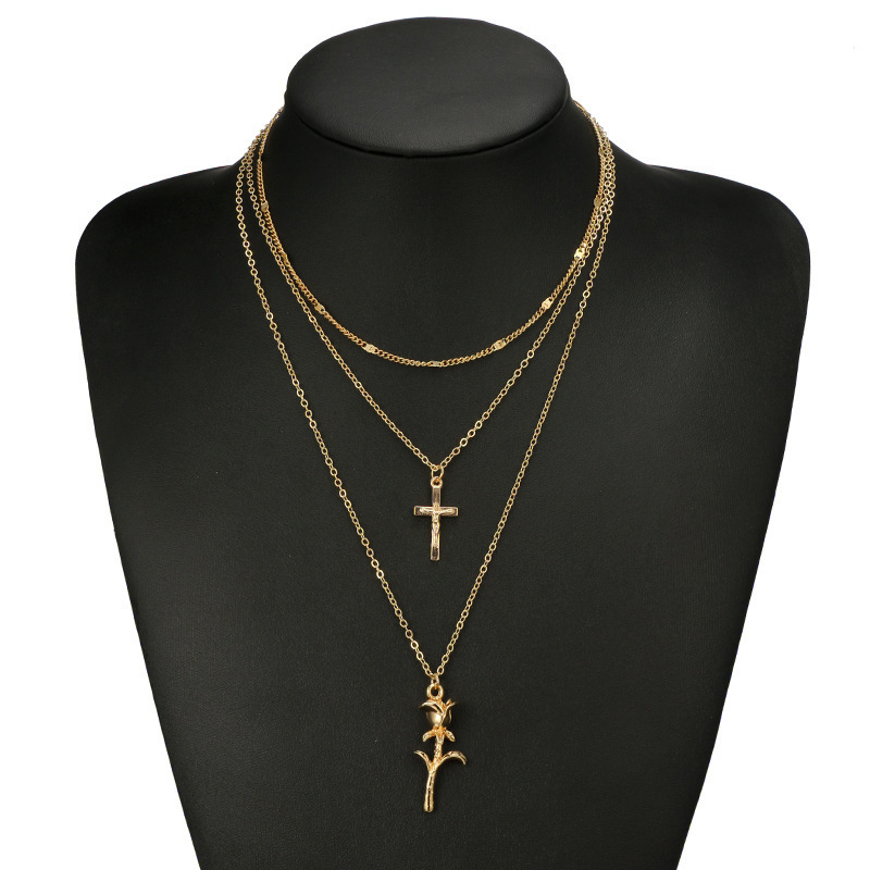Layered Necklace Pendant Handmade Long Necklace for Women SN0883 Gold Cross Chain