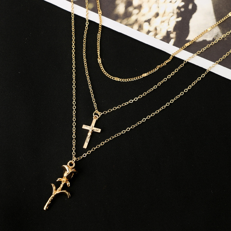 Layered Necklace Pendant Handmade Long Necklace for Women SN0883 Gold Cross Chain