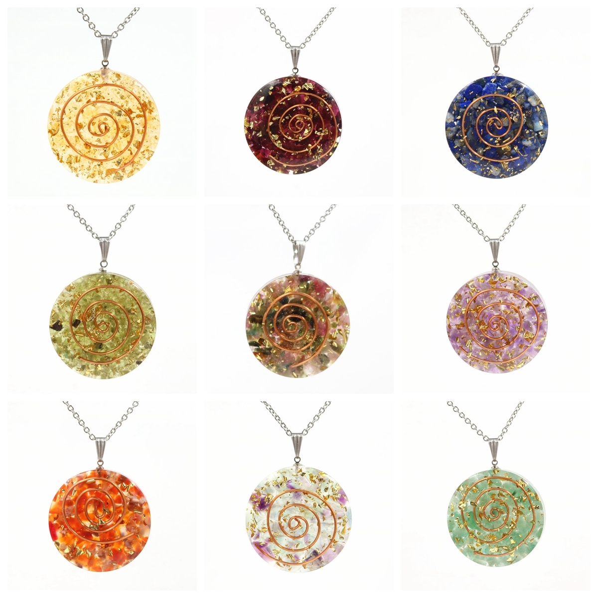 Handmade Chip Stone Round Coin Pendant Necklace for Women Men Gemstone & Crystal Column Pendants Jewelry SN0863