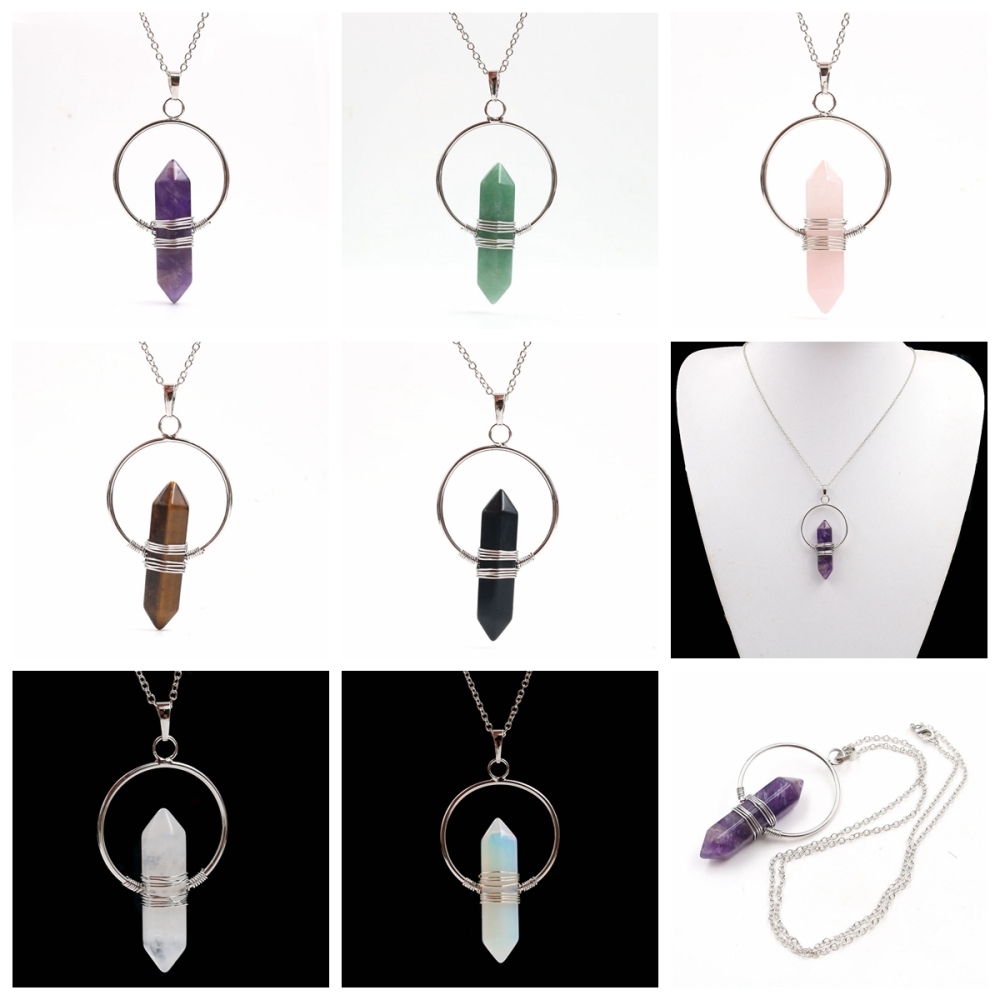 Natural Stone Hexagonal Prism Healing Point Reiki Natural Gem Quartz Necklace Pendants Jewelry