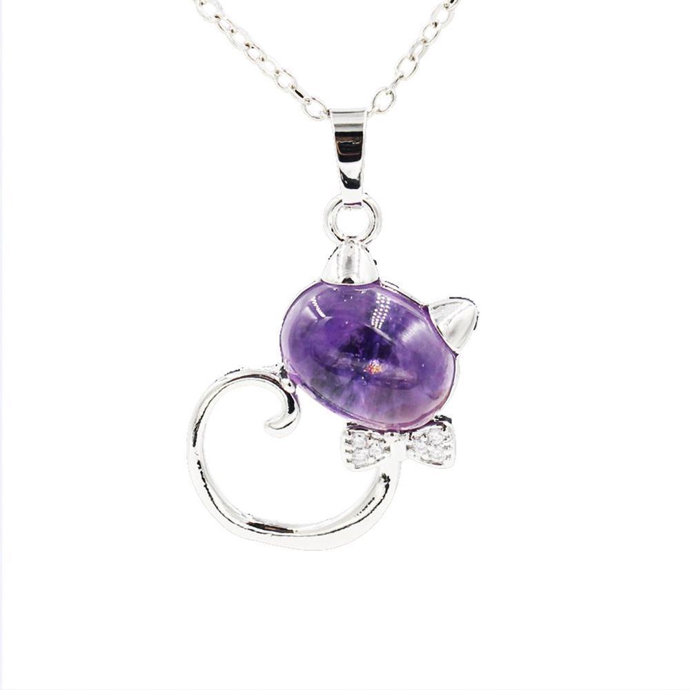Natural Stone Cute Sweet Cat Pendant Necklace Chakra Cure Quartz Crystal Hello Kitte Cats Jewelry Birthday Gifts for Her/Mum/Wife/Bestfriend