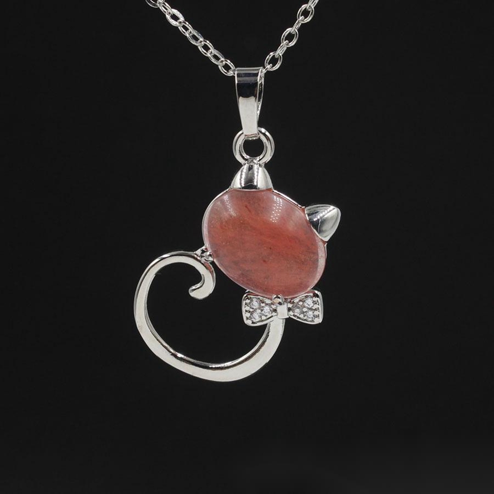 Natural Stone Cute Sweet Cat Pendant Necklace Chakra Cure Quartz Crystal Hello Kitte Cats Jewelry Birthday Gifts for Her/Mum/Wife/Bestfriend