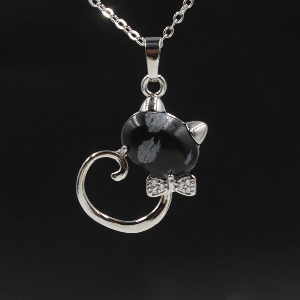 Natural Stone Cute Sweet Cat Pendant Necklace Chakra Cure Quartz Crystal Hello Kitte Cats Jewelry Birthday Gifts for Her/Mum/Wife/Bestfriend