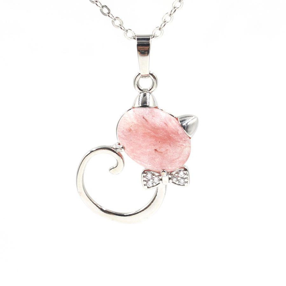 Natural Stone Cute Sweet Cat Pendant Necklace Chakra Cure Quartz Crystal Hello Kitte Cats Jewelry Birthday Gifts for Her/Mum/Wife/Bestfriend