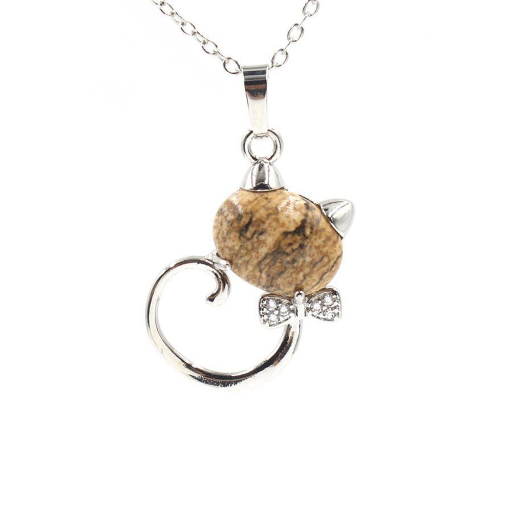 Natural Stone Cute Sweet Cat Pendant Necklace Chakra Cure Quartz Crystal Hello Kitte Cats Jewelry Birthday Gifts for Her/Mum/Wife/Bestfriend