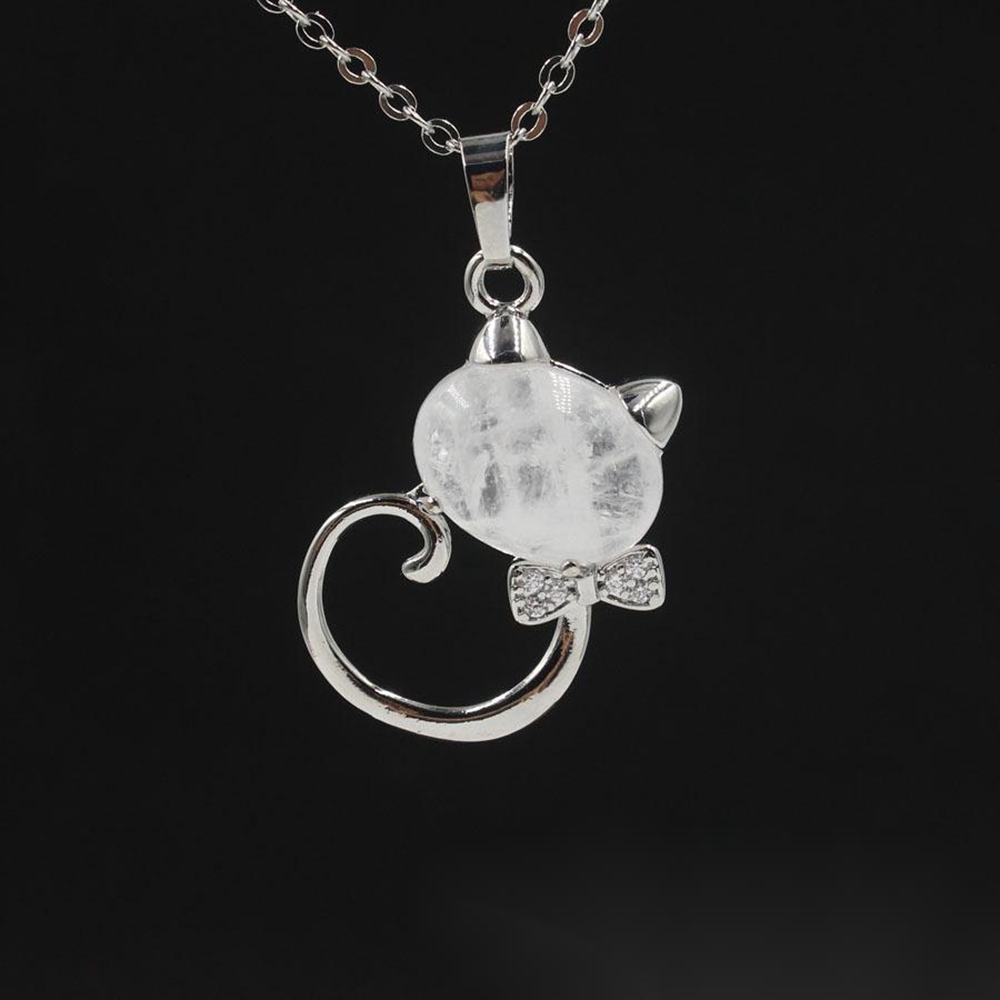 Natural Stone Cute Sweet Cat Pendant Necklace Chakra Cure Quartz Crystal Hello Kitte Cats Jewelry Birthday Gifts for Her/Mum/Wife/Bestfriend