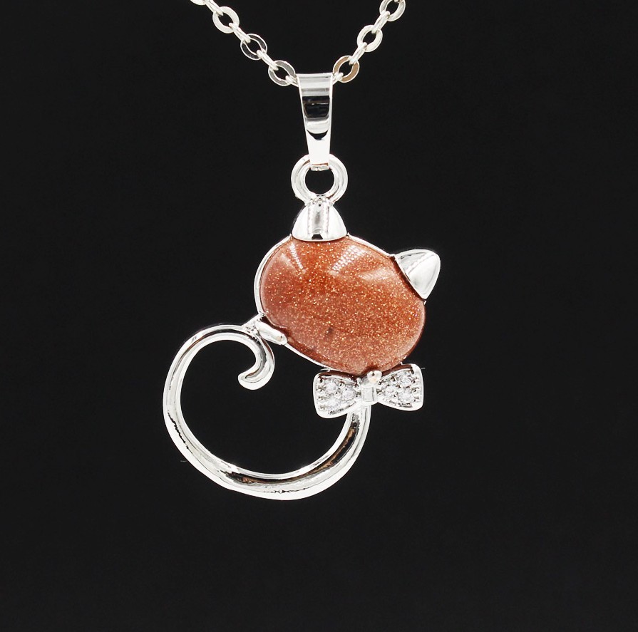 Natural Stone Cute Sweet Cat Pendant Necklace Chakra Cure Quartz Crystal Hello Kitte Cats Jewelry Birthday Gifts for Her/Mum/Wife/Bestfriend