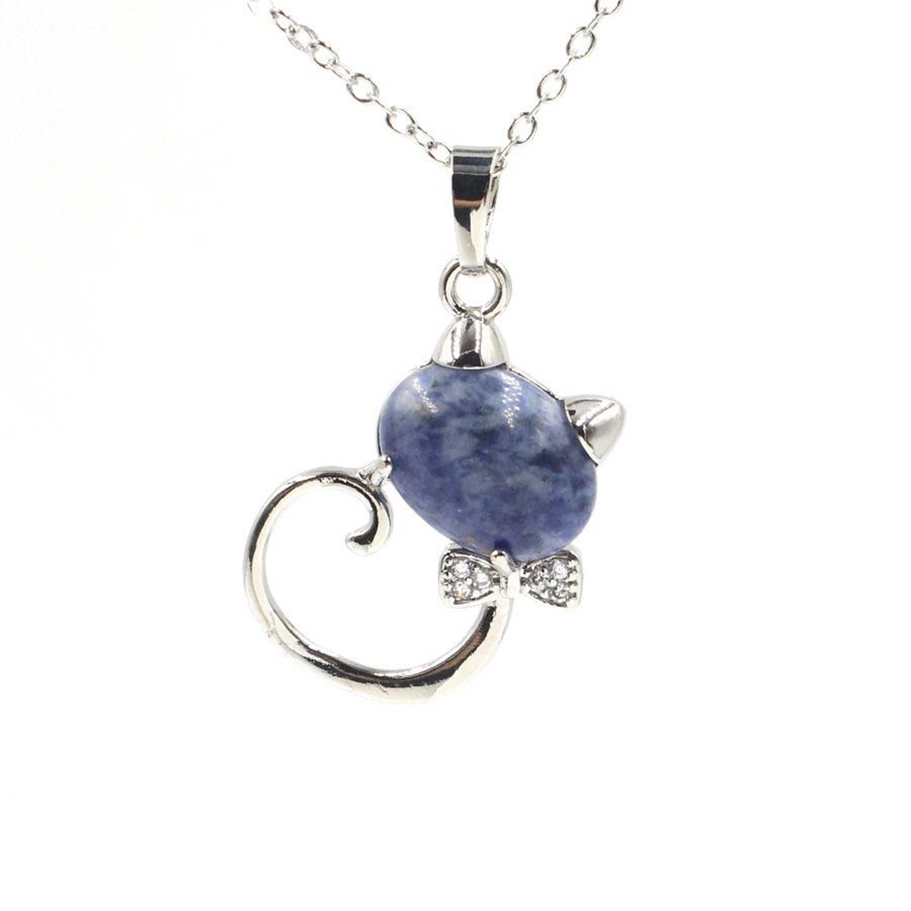 Natural Stone Cute Sweet Cat Pendant Necklace Chakra Cure Quartz Crystal Hello Kitte Cats Jewelry Birthday Gifts for Her/Mum/Wife/Bestfriend