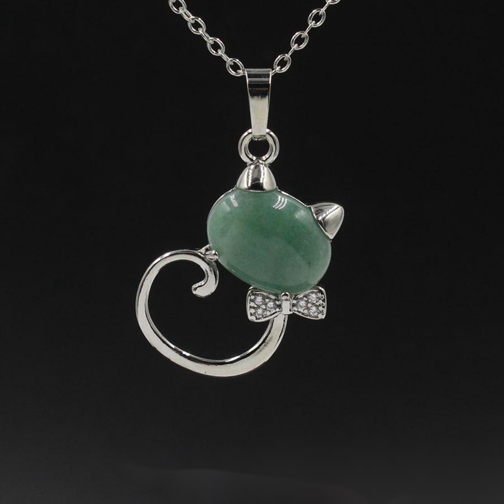 Natural Stone Cute Sweet Cat Pendant Necklace Chakra Cure Quartz Crystal Hello Kitte Cats Jewelry Birthday Gifts for Her/Mum/Wife/Bestfriend
