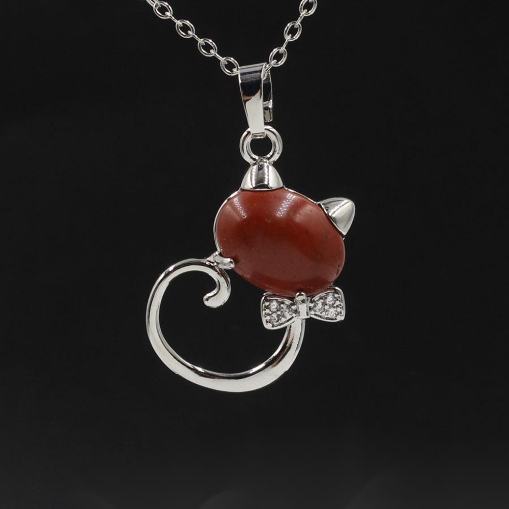 Natural Stone Cute Sweet Cat Pendant Necklace Chakra Cure Quartz Crystal Hello Kitte Cats Jewelry Birthday Gifts for Her/Mum/Wife/Bestfriend