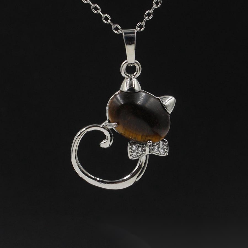 Natural Stone Cute Sweet Cat Pendant Necklace Chakra Cure Quartz Crystal Hello Kitte Cats Jewelry Birthday Gifts for Her/Mum/Wife/Bestfriend