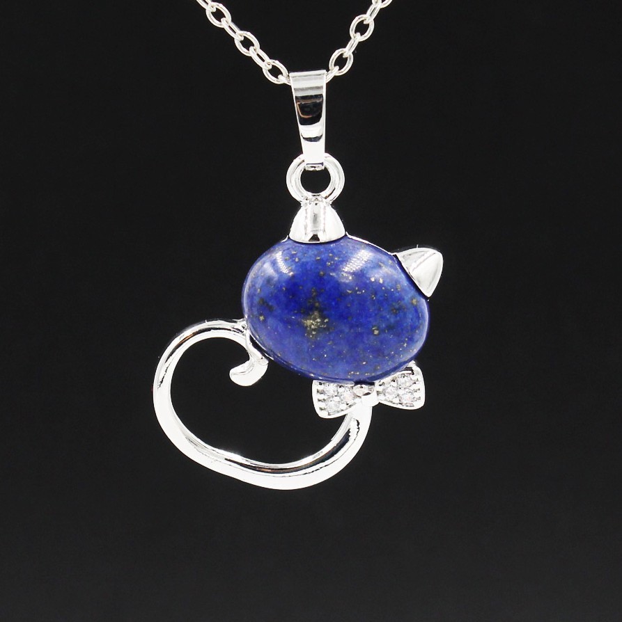 Natural Stone Cute Sweet Cat Pendant Necklace Chakra Cure Quartz Crystal Hello Kitte Cats Jewelry Birthday Gifts for Her/Mum/Wife/Bestfriend