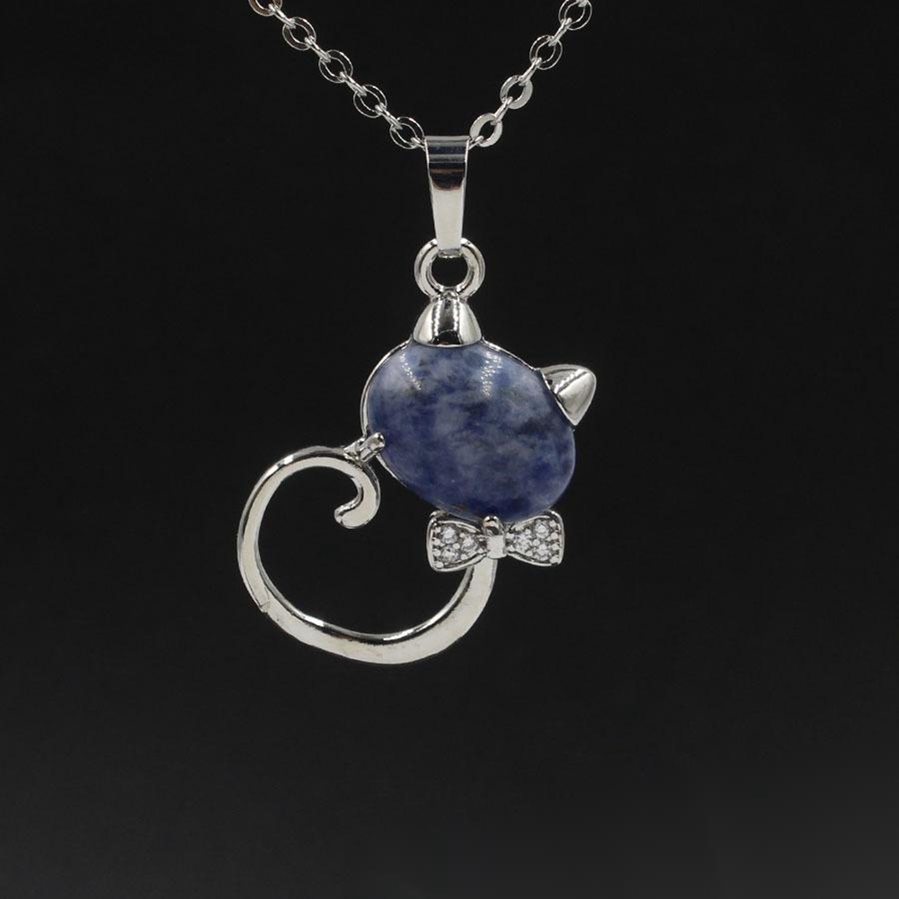 Natural Stone Cute Sweet Cat Pendant Necklace Chakra Cure Quartz Crystal Hello Kitte Cats Jewelry Birthday Gifts for Her/Mum/Wife/Bestfriend