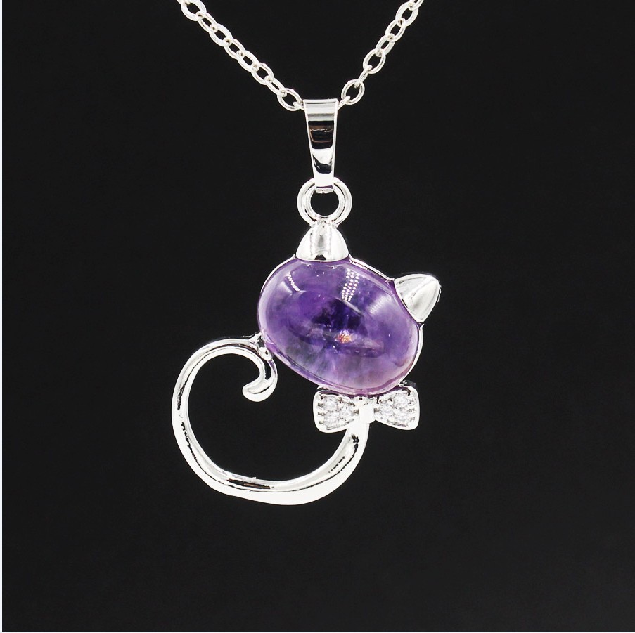 Natural Stone Cute Sweet Cat Pendant Necklace Chakra Cure Quartz Crystal Hello Kitte Cats Jewelry Birthday Gifts for Her/Mum/Wife/Bestfriend