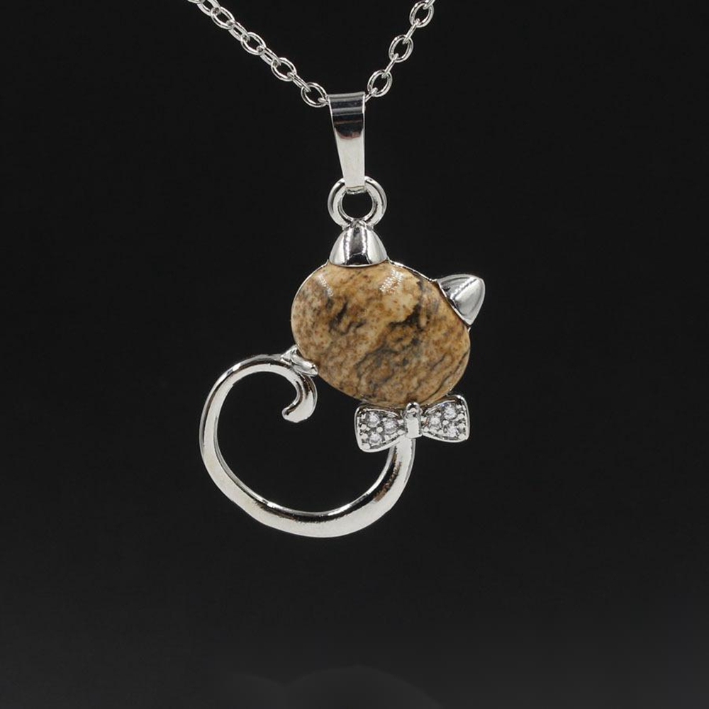 Natural Stone Cute Sweet Cat Pendant Necklace Chakra Cure Quartz Crystal Hello Kitte Cats Jewelry Birthday Gifts for Her/Mum/Wife/Bestfriend