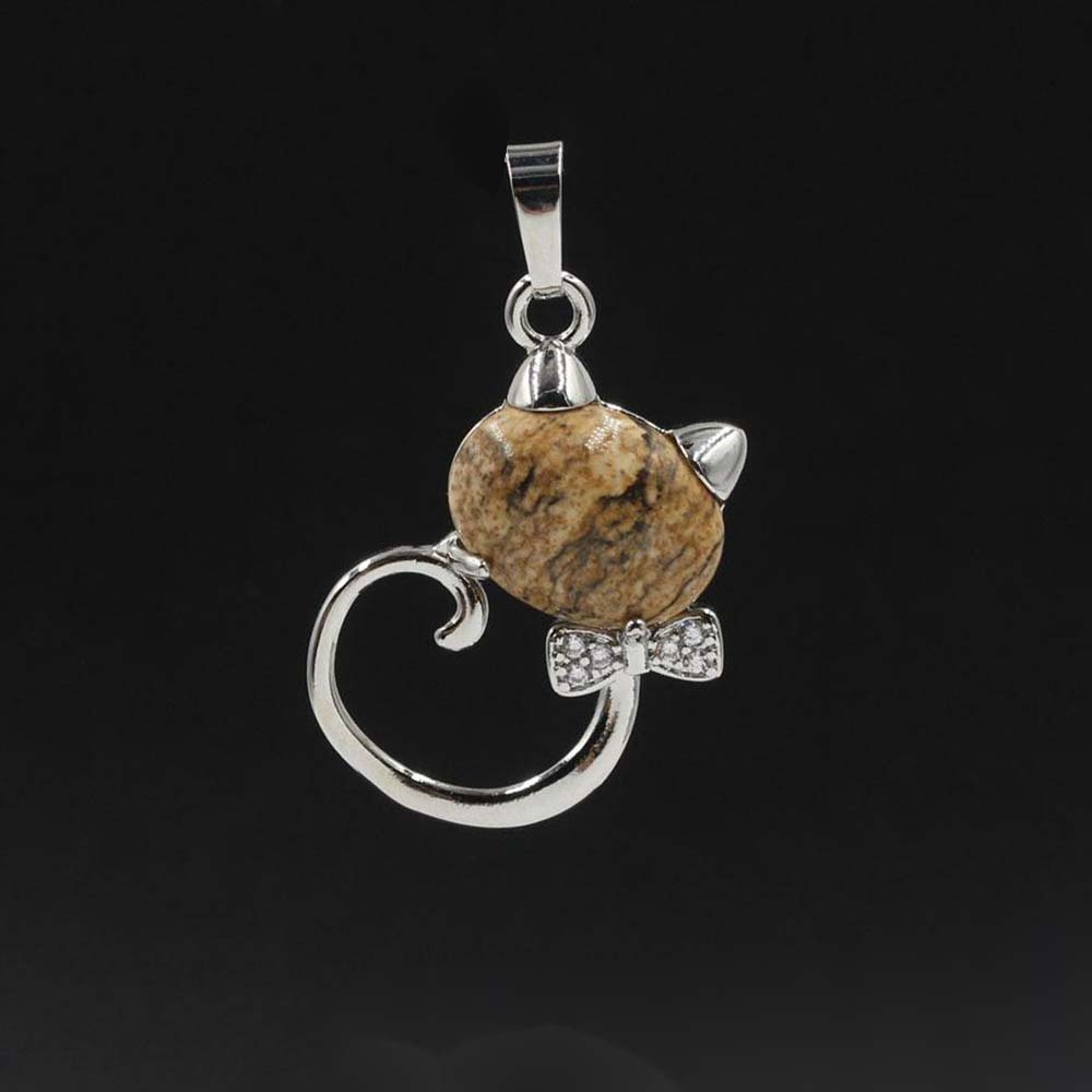 Natural Stone Cute Sweet Cat Pendant Necklace Chakra Cure Quartz Crystal Hello Kitte Cats Jewelry Birthday Gifts for Her/Mum/Wife/Bestfriend