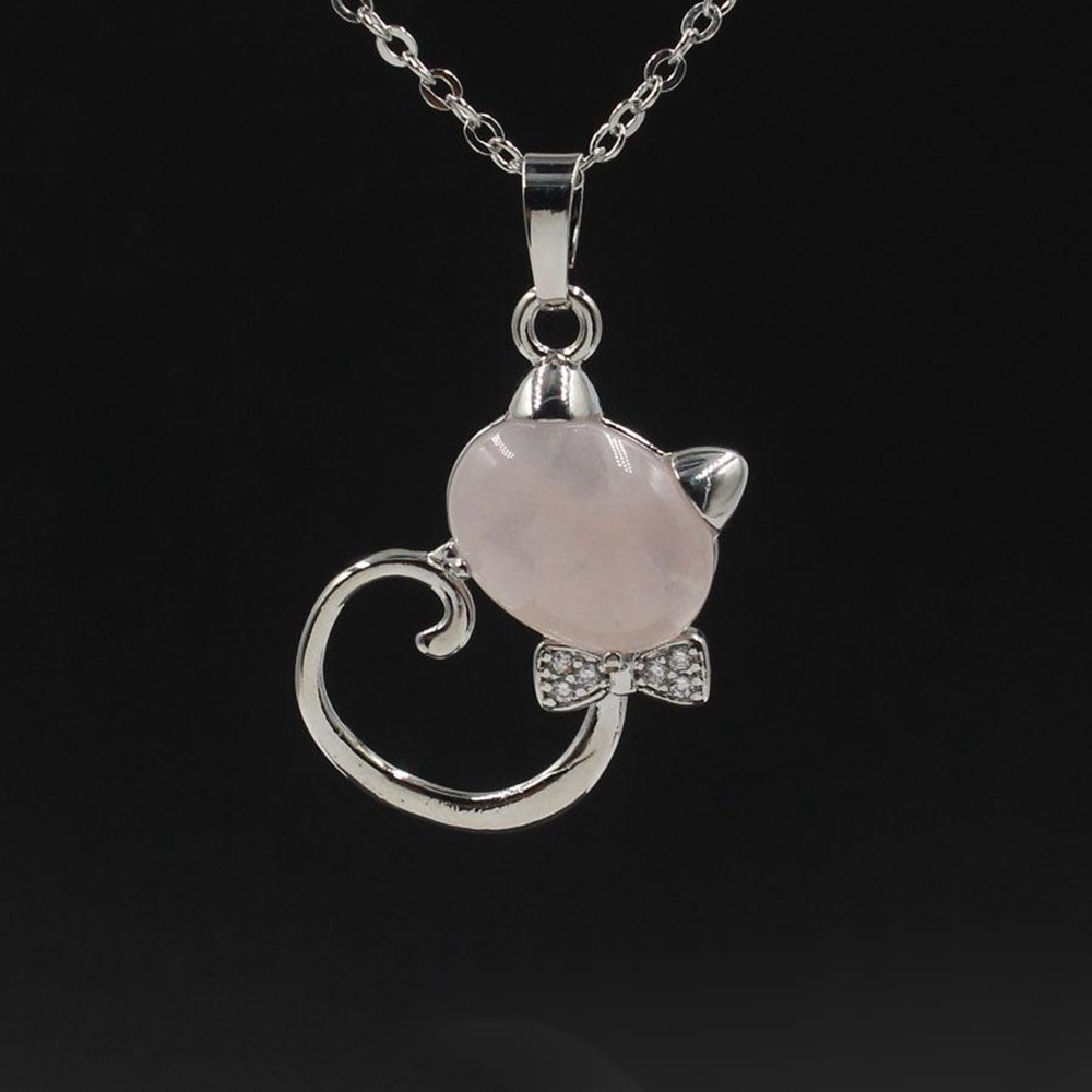 Natural Stone Cute Sweet Cat Pendant Necklace Chakra Cure Quartz Crystal Hello Kitte Cats Jewelry Birthday Gifts for Her/Mum/Wife/Bestfriend
