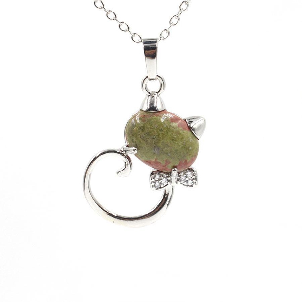Natural Stone Cute Sweet Cat Pendant Necklace Chakra Cure Quartz Crystal Hello Kitte Cats Jewelry Birthday Gifts for Her/Mum/Wife/Bestfriend